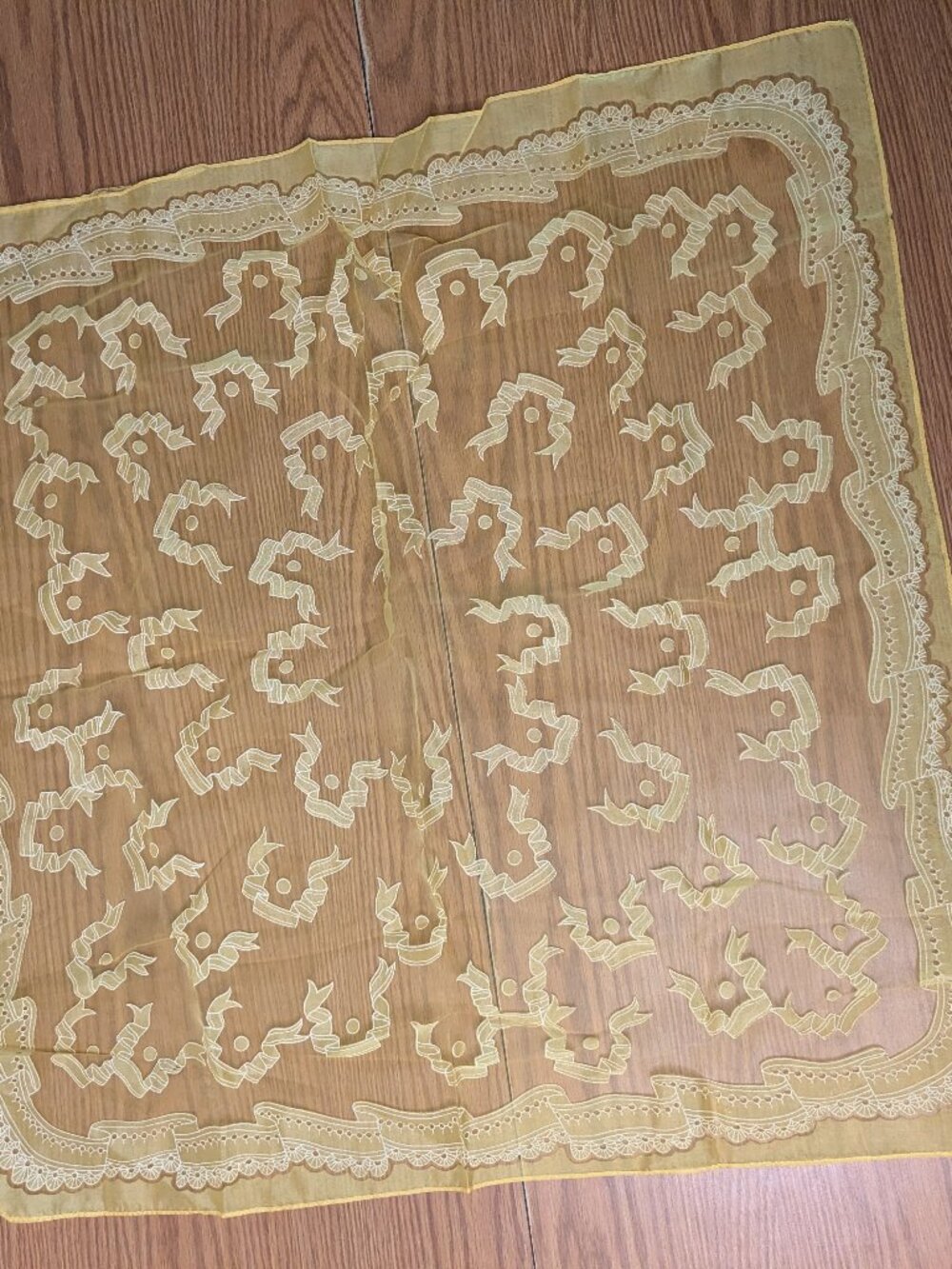 vintage 70s 80s semi sheer hair neck scarf ribbon pattern 25" x 26" yellow